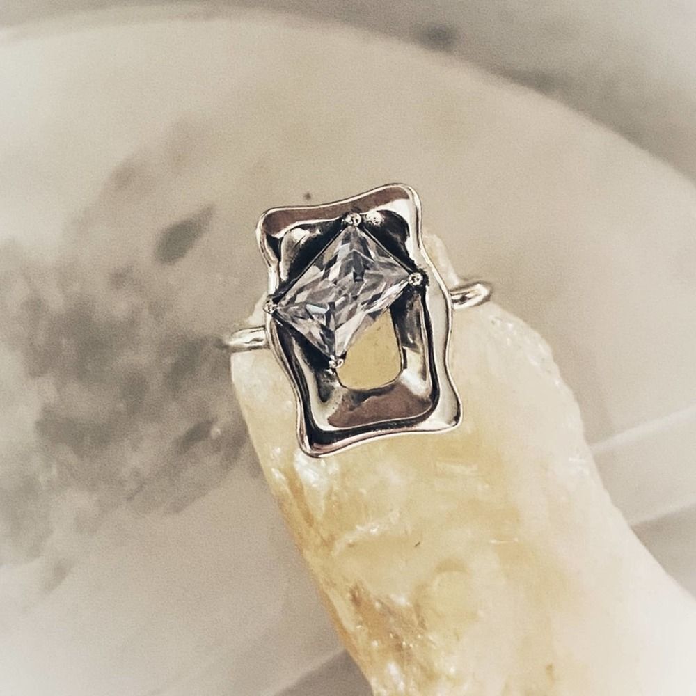Womens Sterling Silver Geometric Glass Stone Adjustable Ring